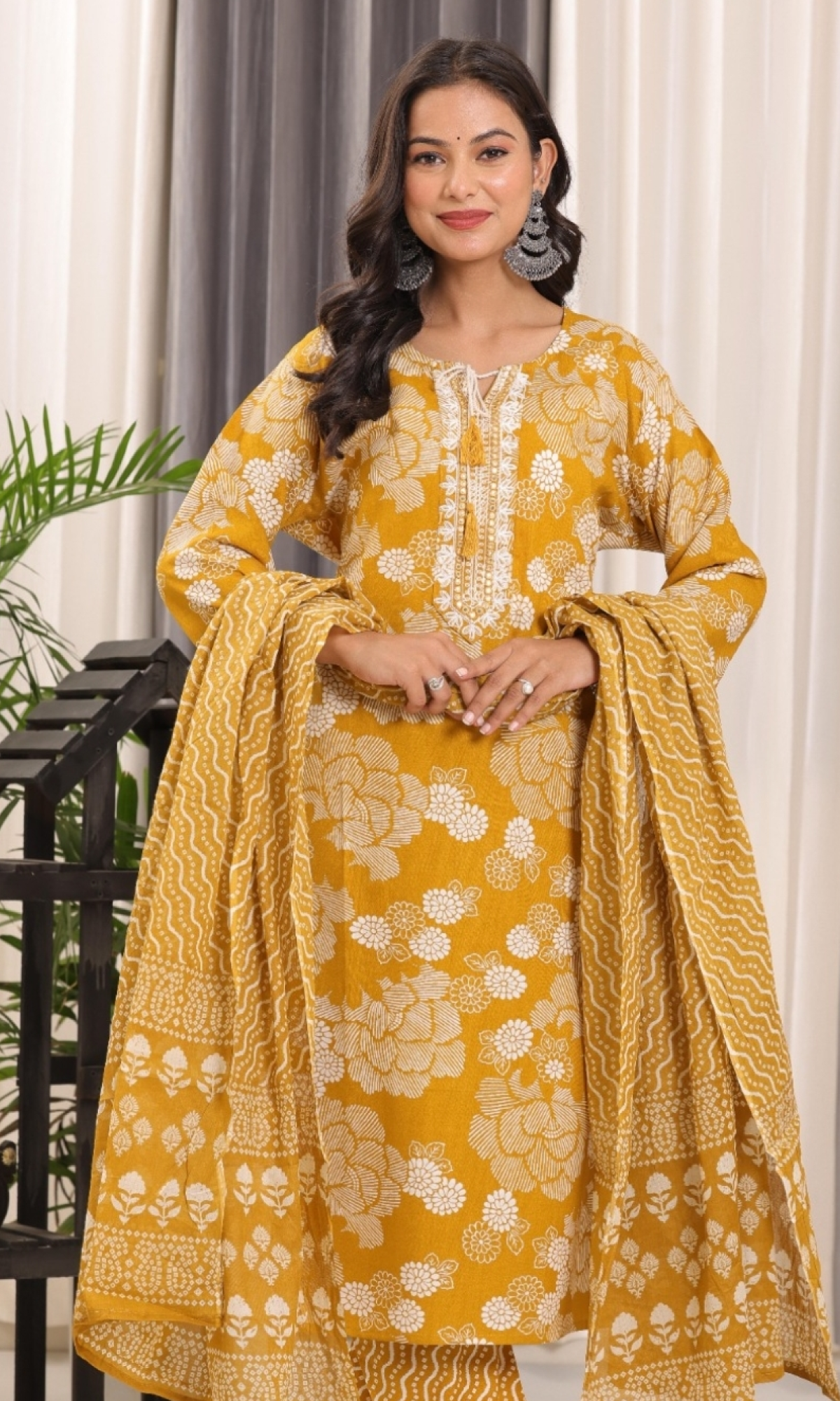 Mustard Semi Cotton Floral Printed Salwar Suit