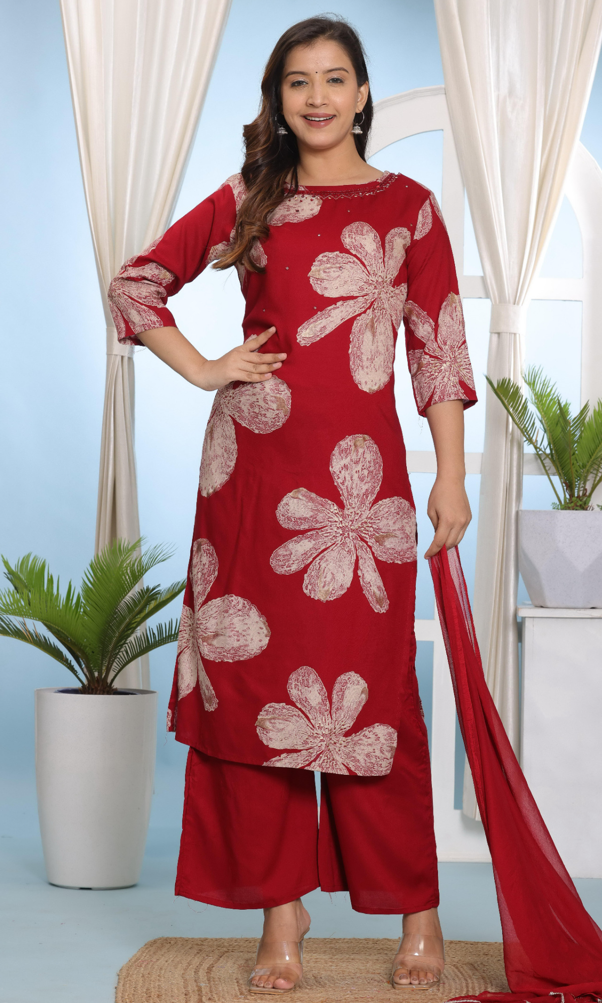 Red Semi Cotton Floral Printed Salwar Suit