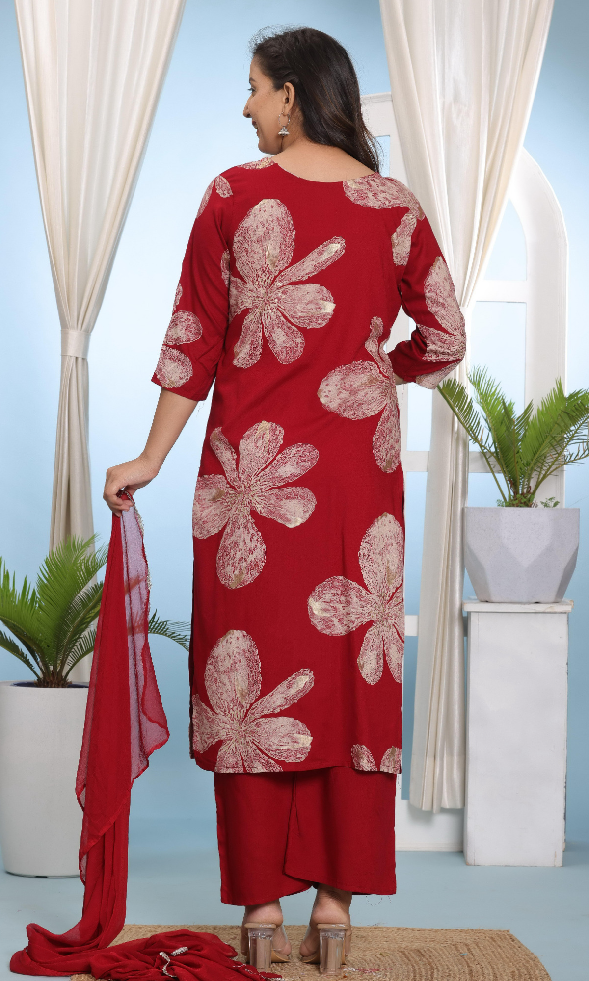 Red Semi Cotton Floral Printed Salwar Suit