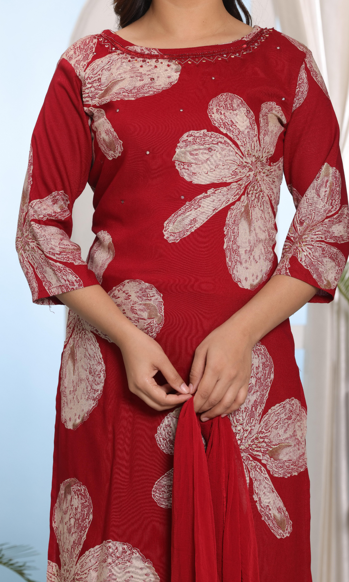 Red Semi Cotton Floral Printed Salwar Suit