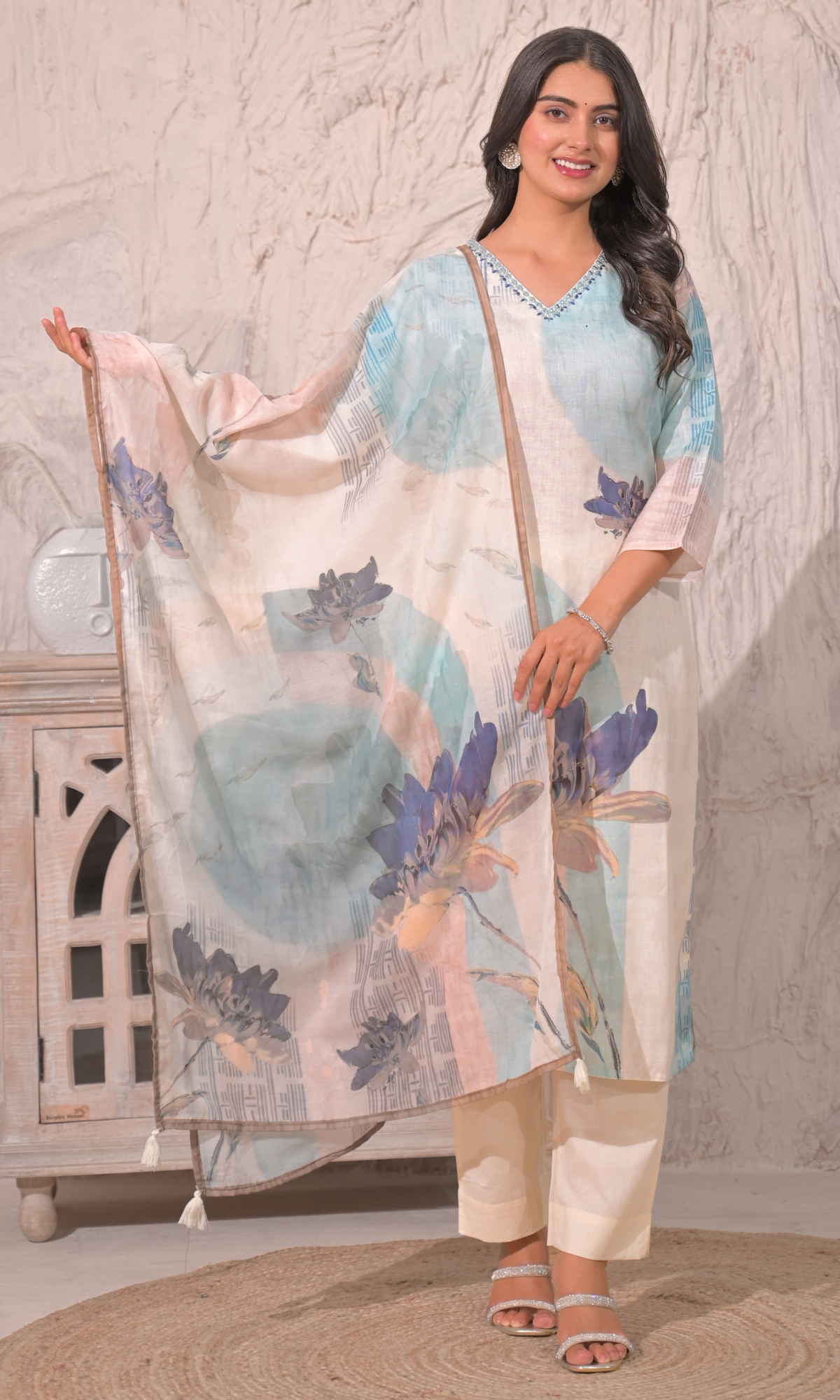 Cream Semi Cotton Floral Printed Salwar Suit