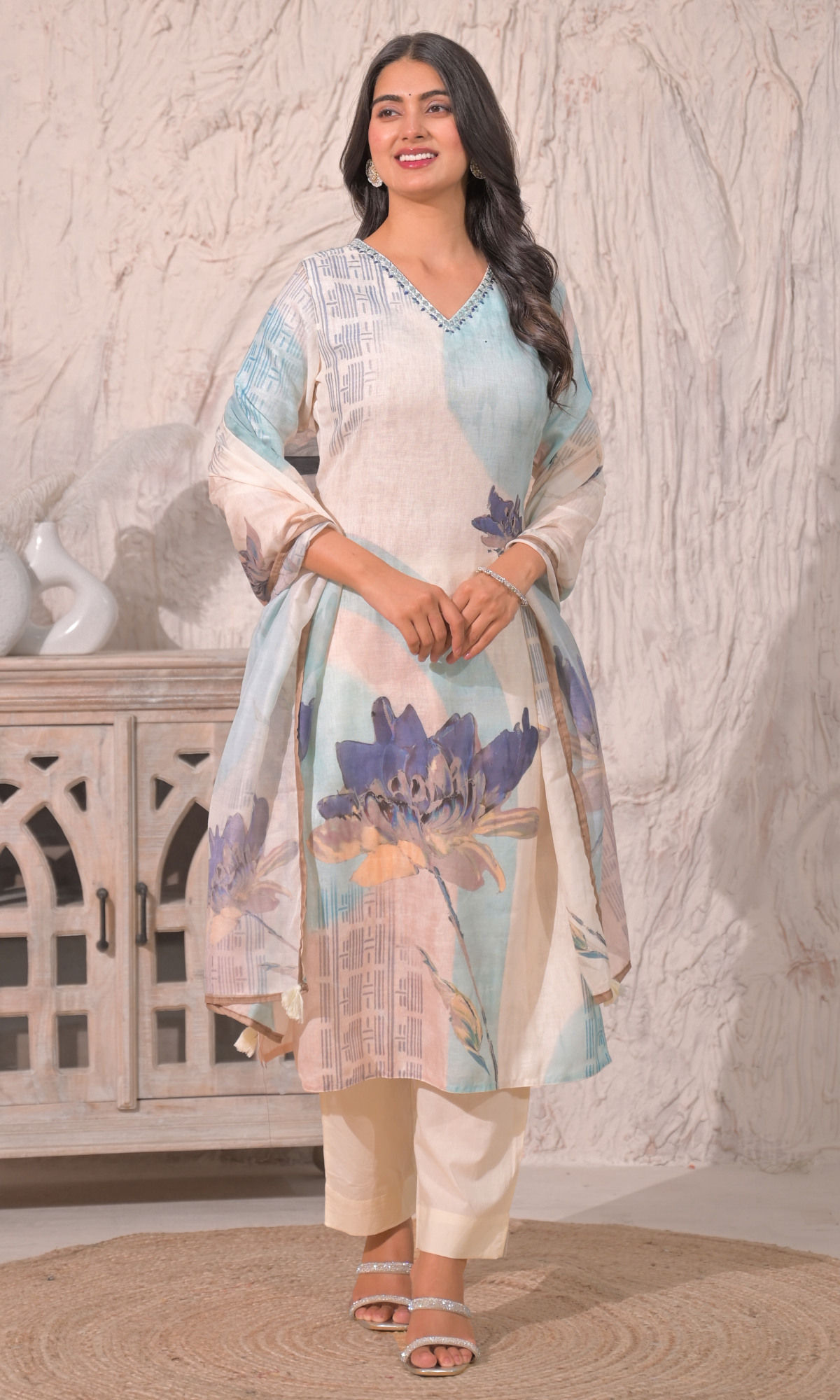 Cream Semi Cotton Floral Printed Salwar Suit