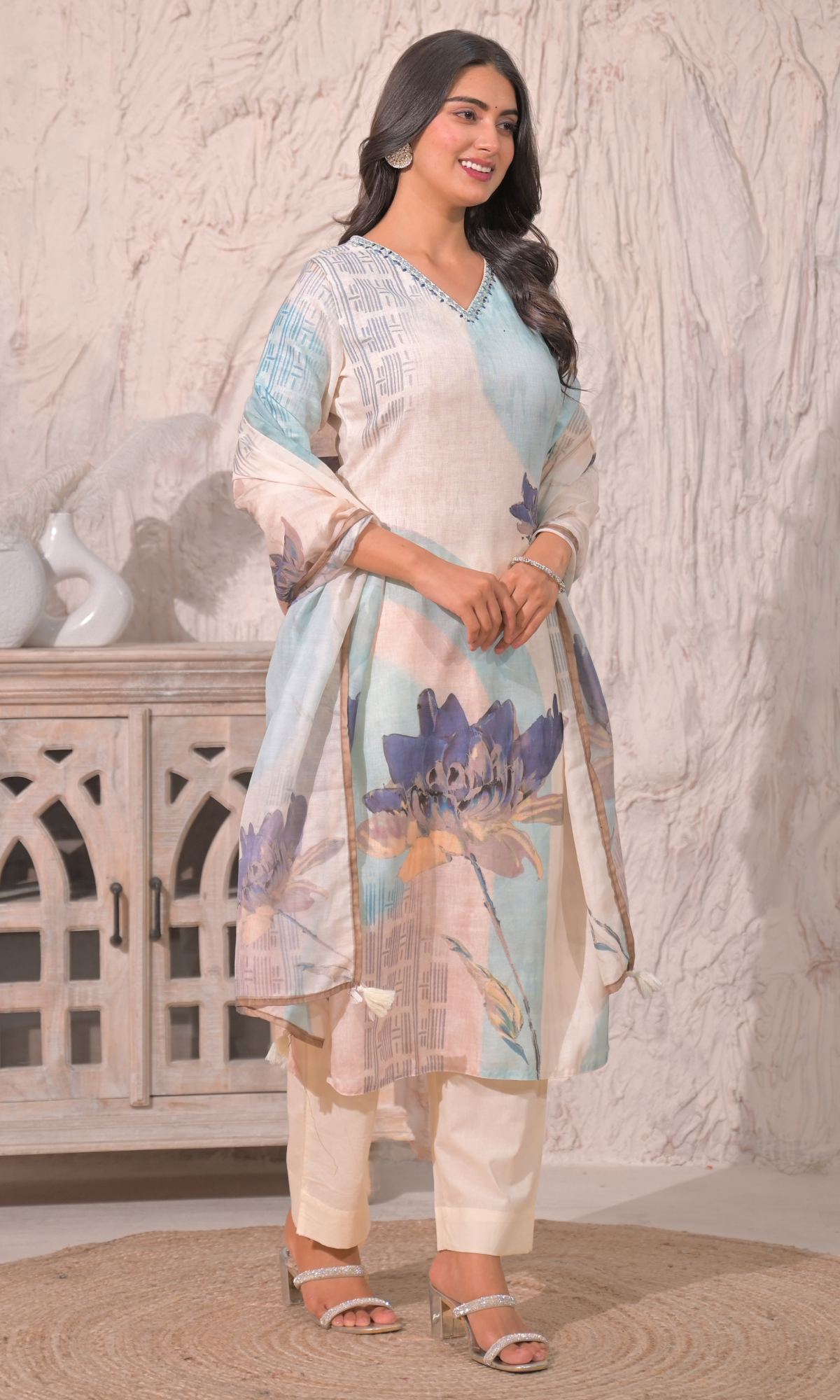 Cream Semi Cotton Floral Printed Salwar Suit