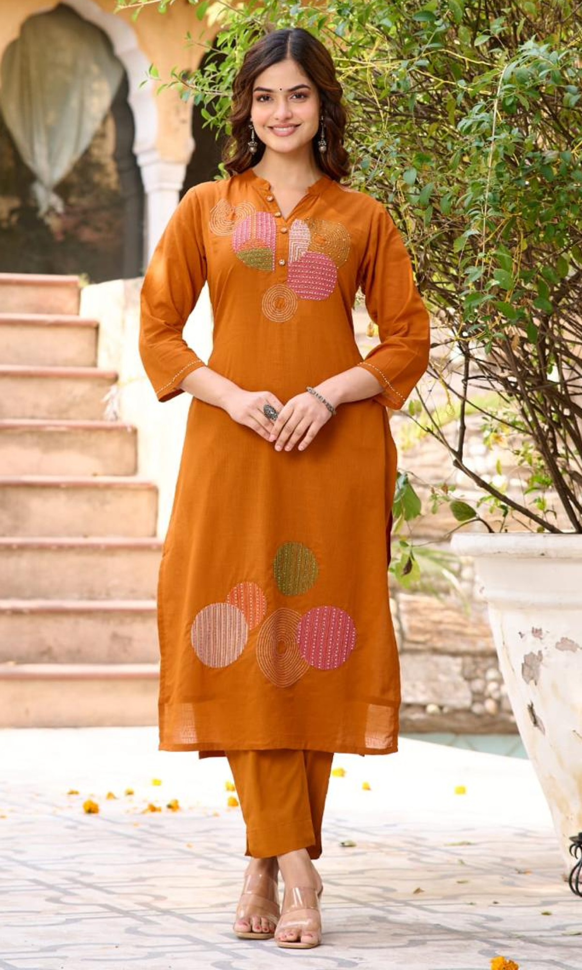 Orange Semi Cotton Embroidered Salwar Suit