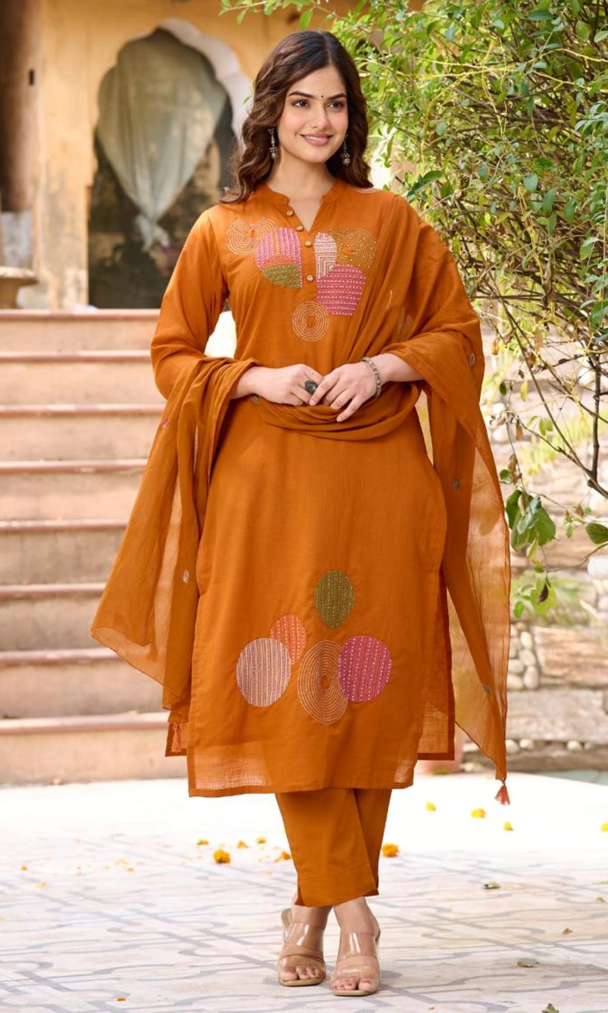 Orange Semi Cotton Embroidered Salwar Suit