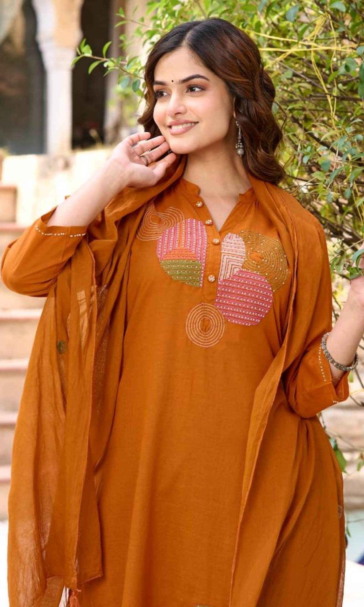Orange Semi Cotton Embroidered Salwar Suit