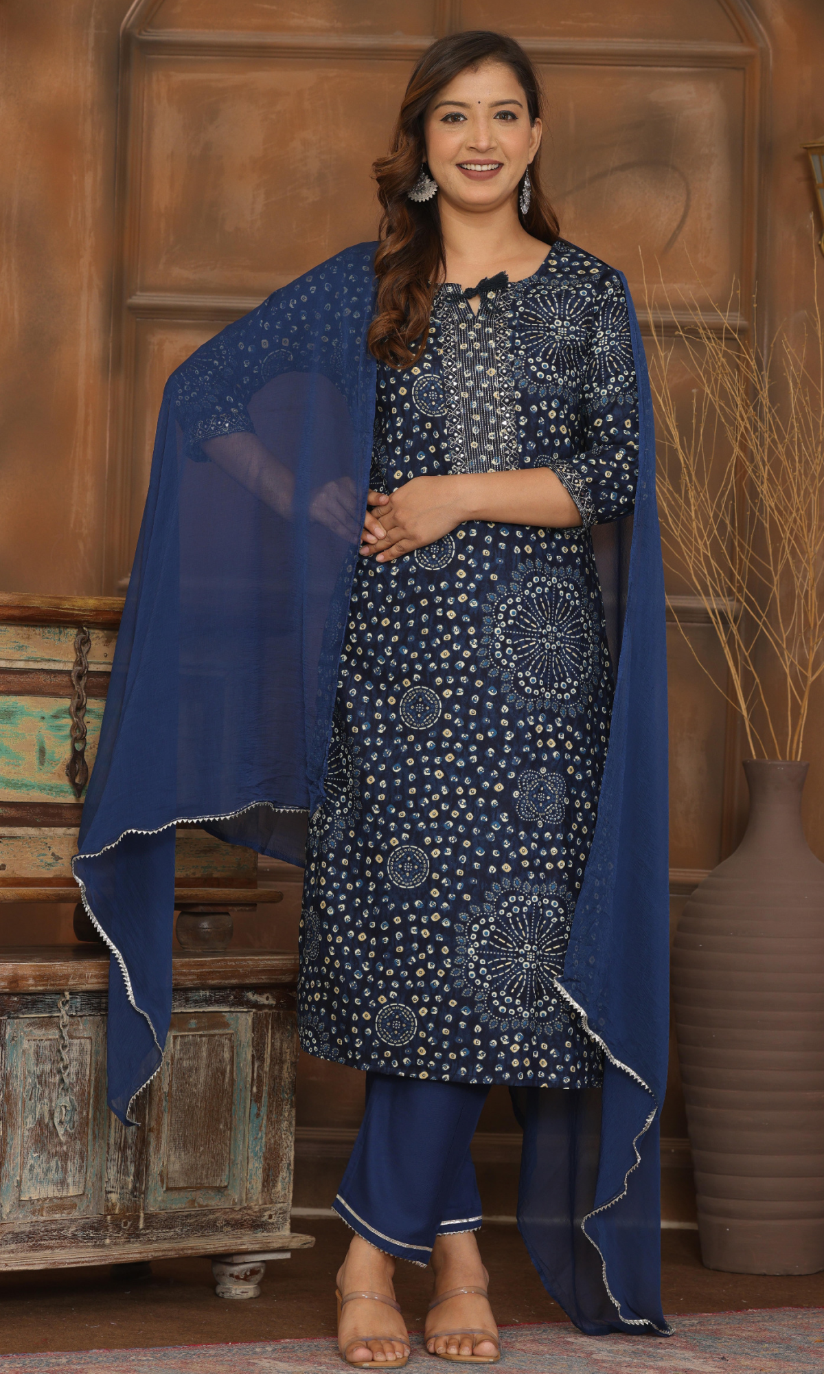 Navy Blue Semi Cotton Printed Salwar Suit