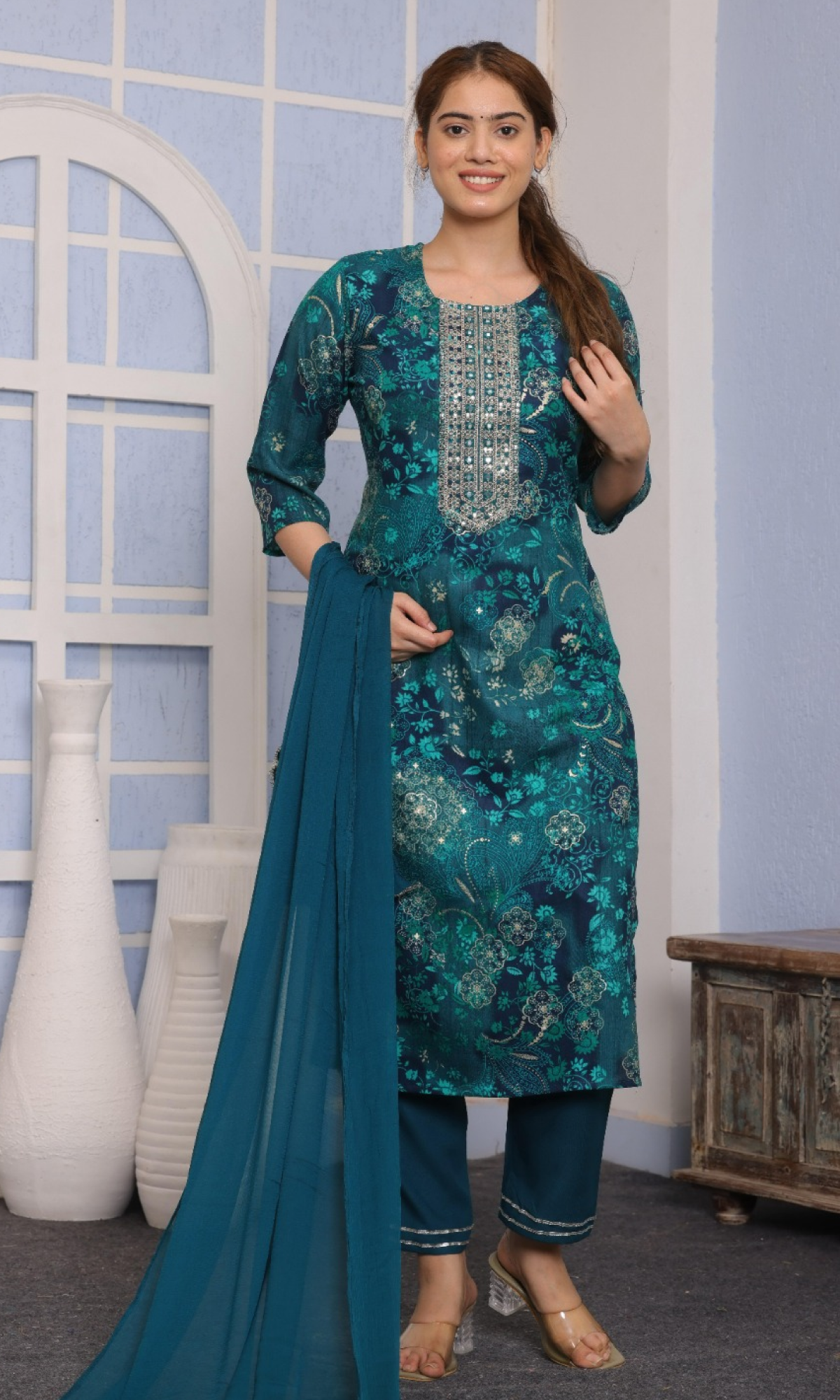 Teal Semi cotton Floral Printed Salwar Suit
