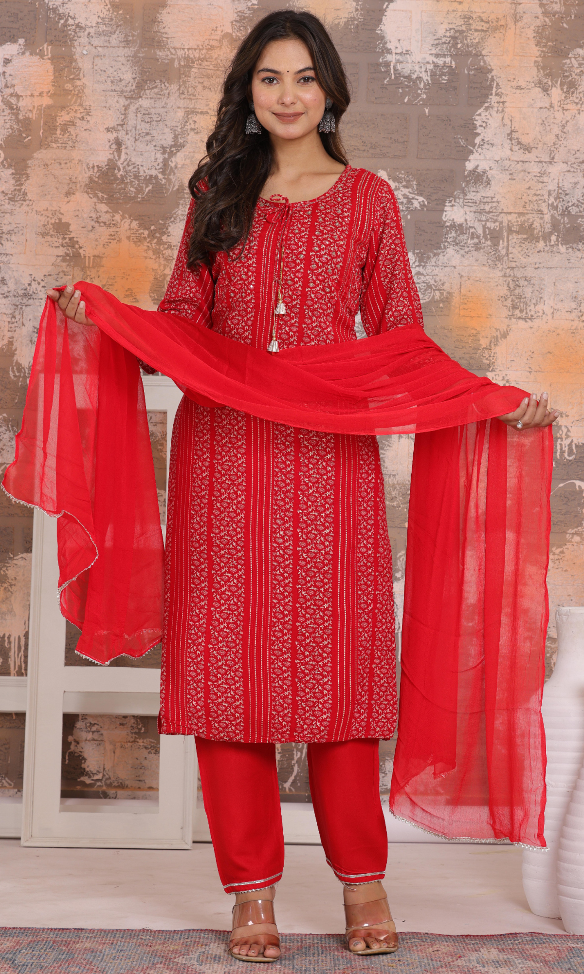 Red Semi Cotton Printed Salwar Suit