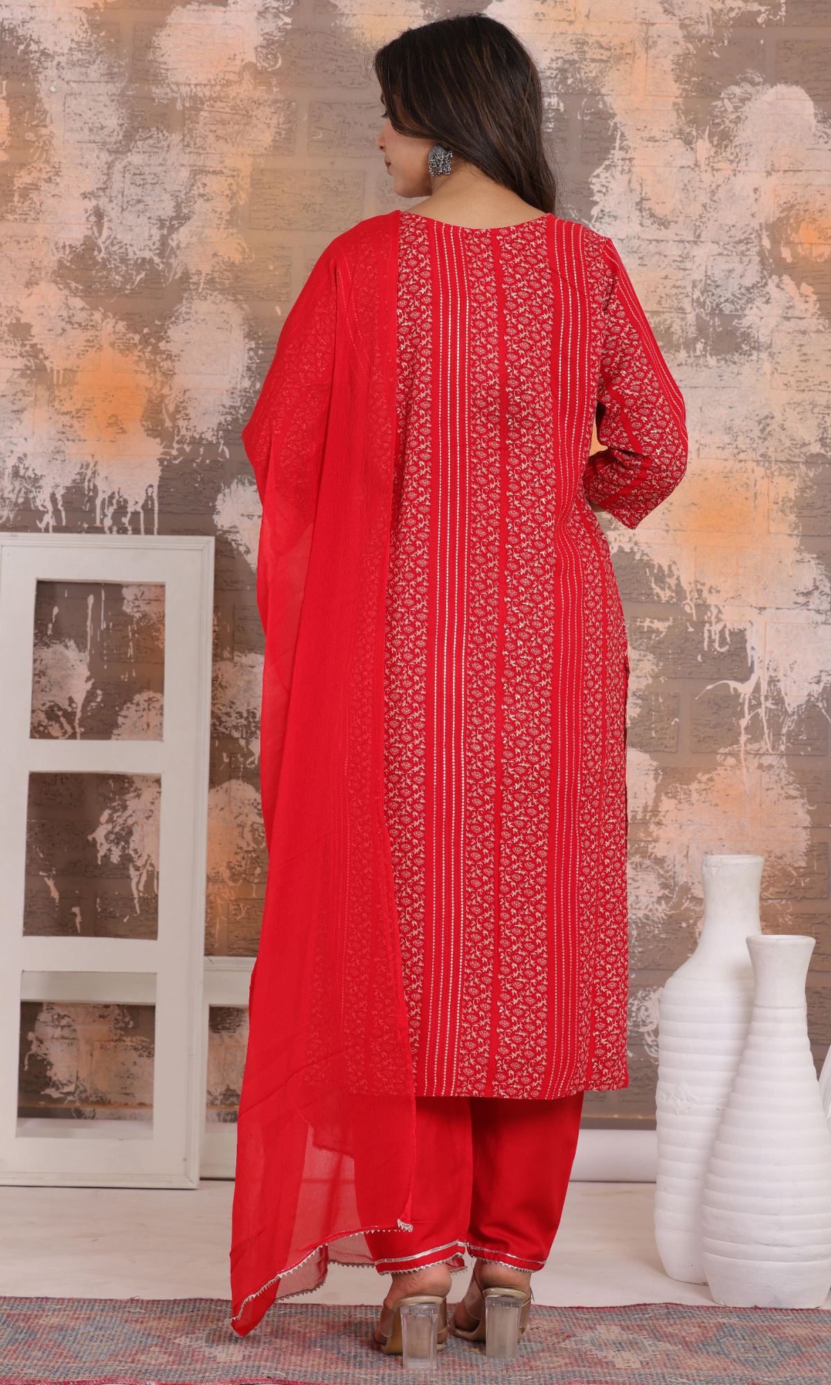 Red Semi Cotton Printed Salwar Suit
