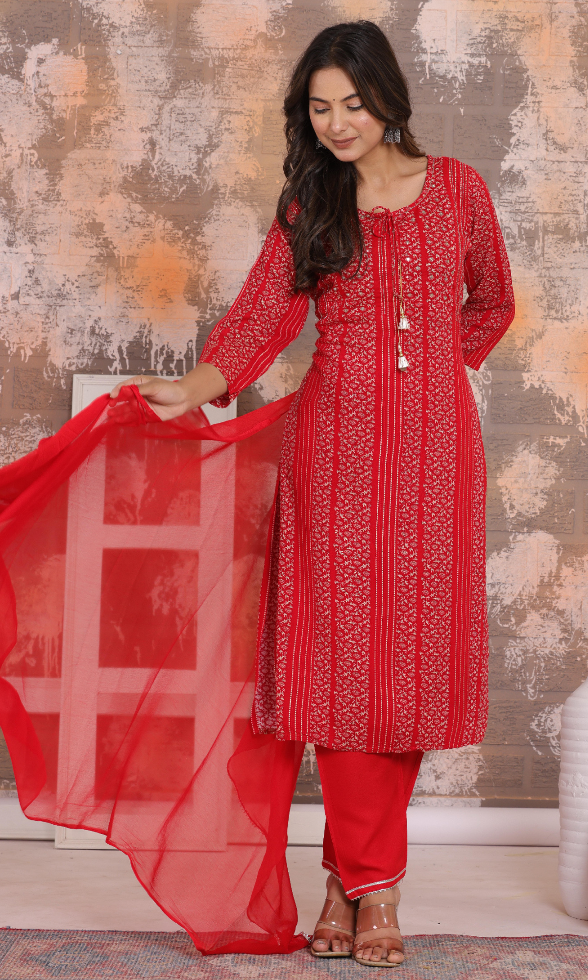 Red Semi Cotton Printed Salwar Suit