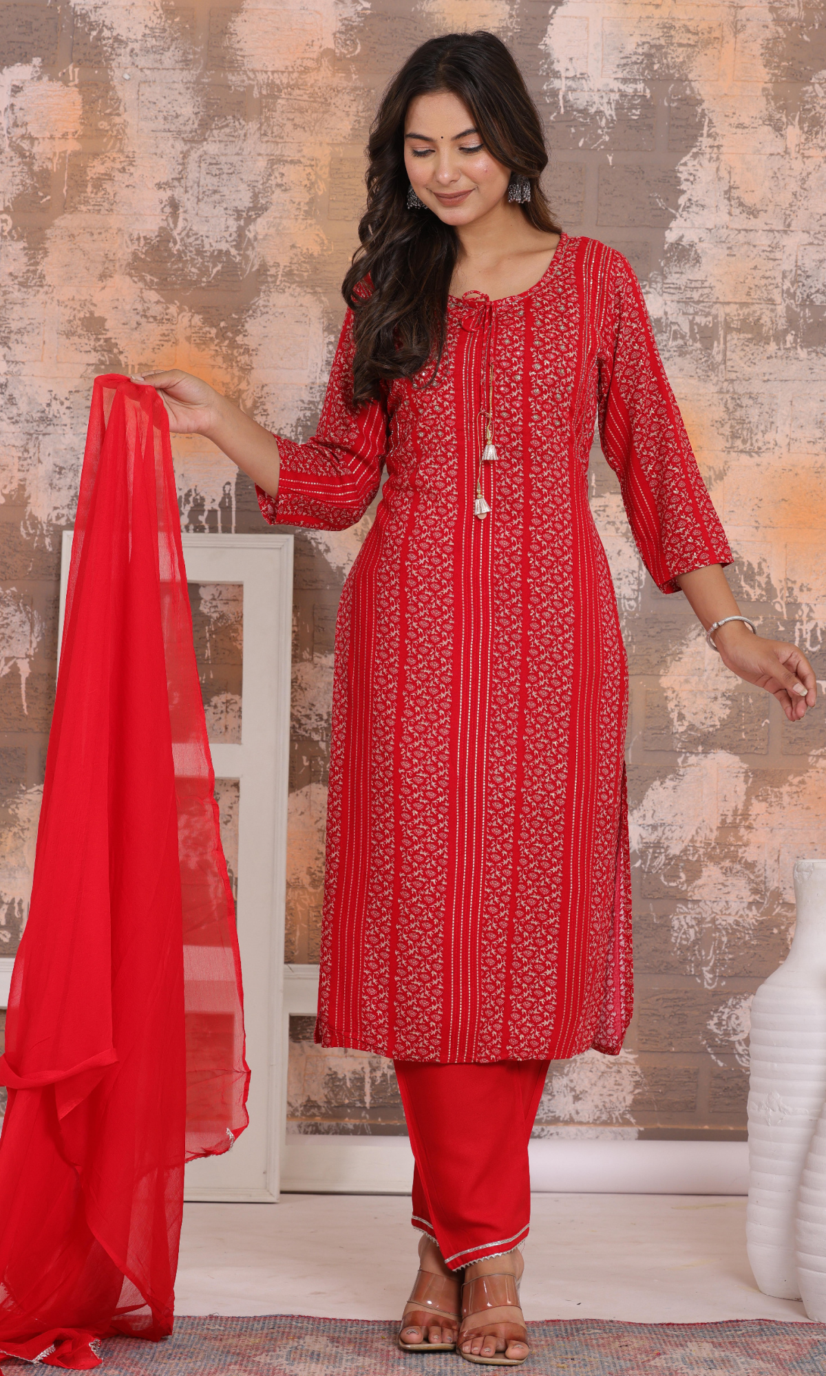 Red Semi Cotton Printed Salwar Suit