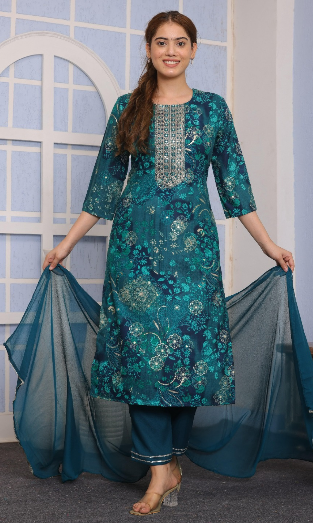 Teal Semi cotton Floral Printed Salwar Suit