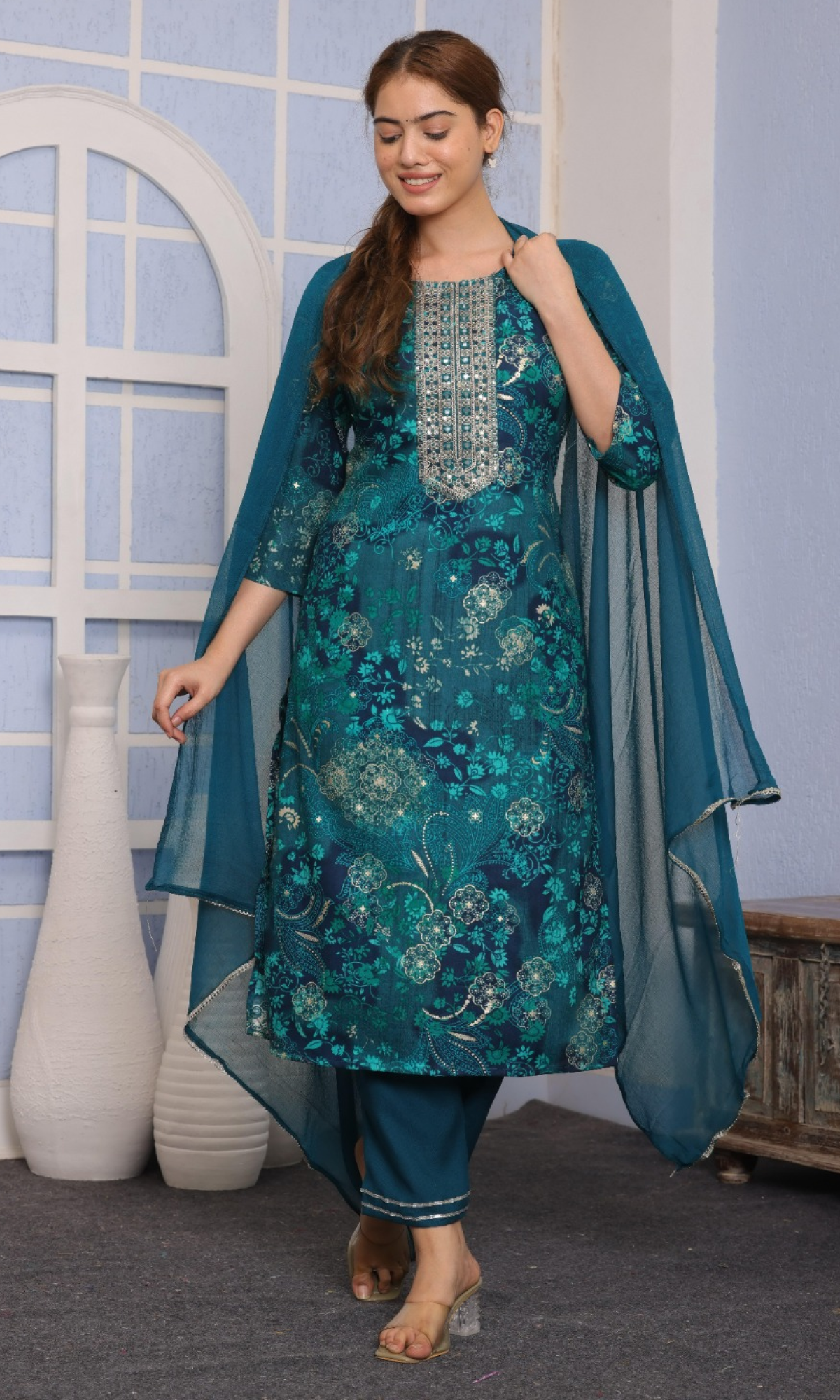 Teal Semi cotton Floral Printed Salwar Suit