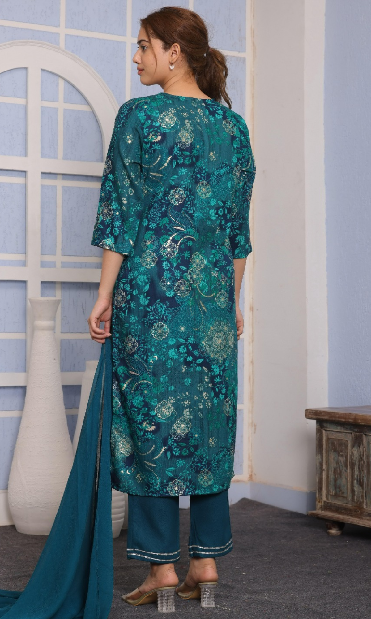 Teal Semi cotton Floral Printed Salwar Suit