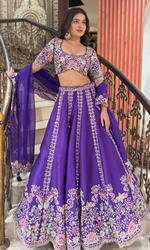 Purple Raw Silk Floral Embroidered Lehenga