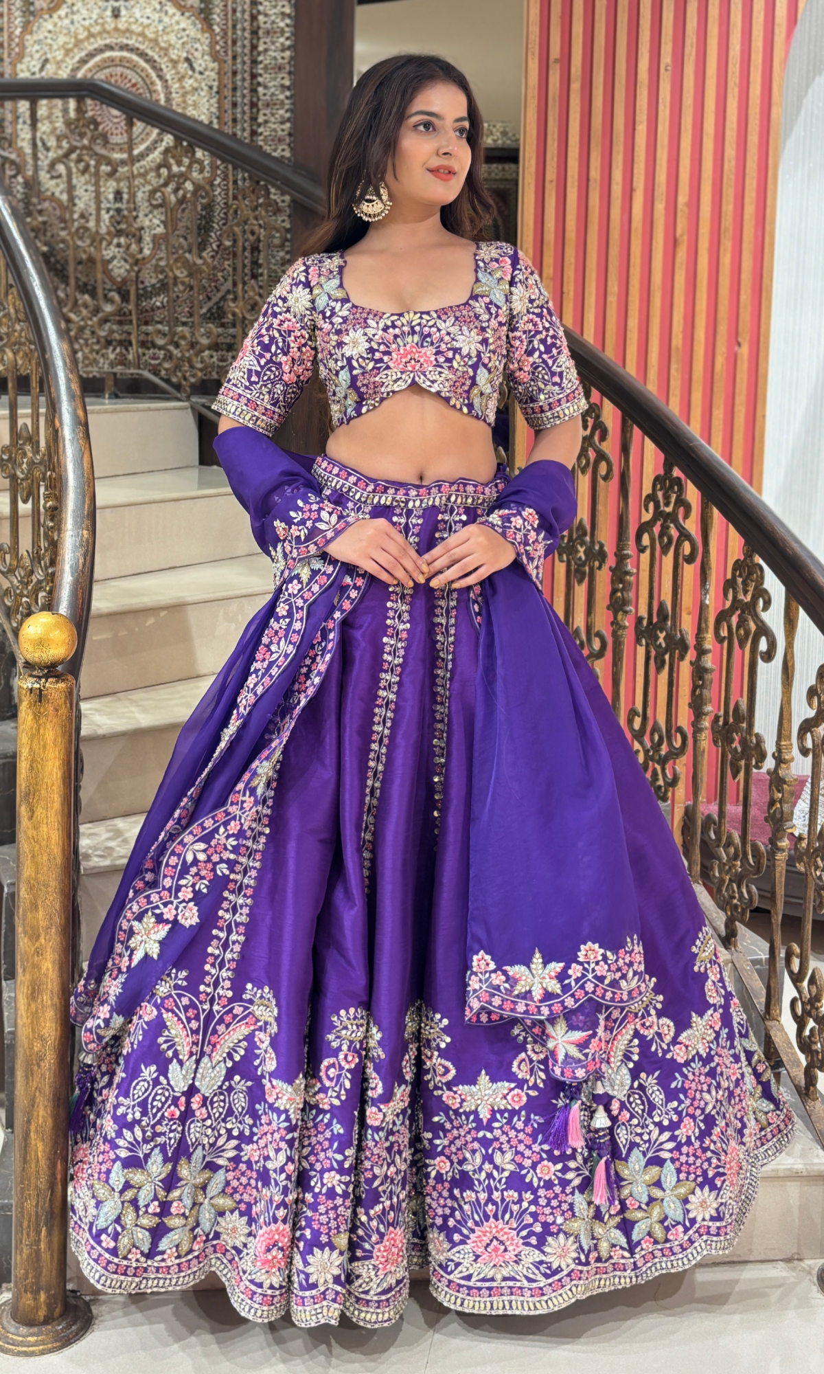 Purple Raw Silk Floral Embroidered Lehenga