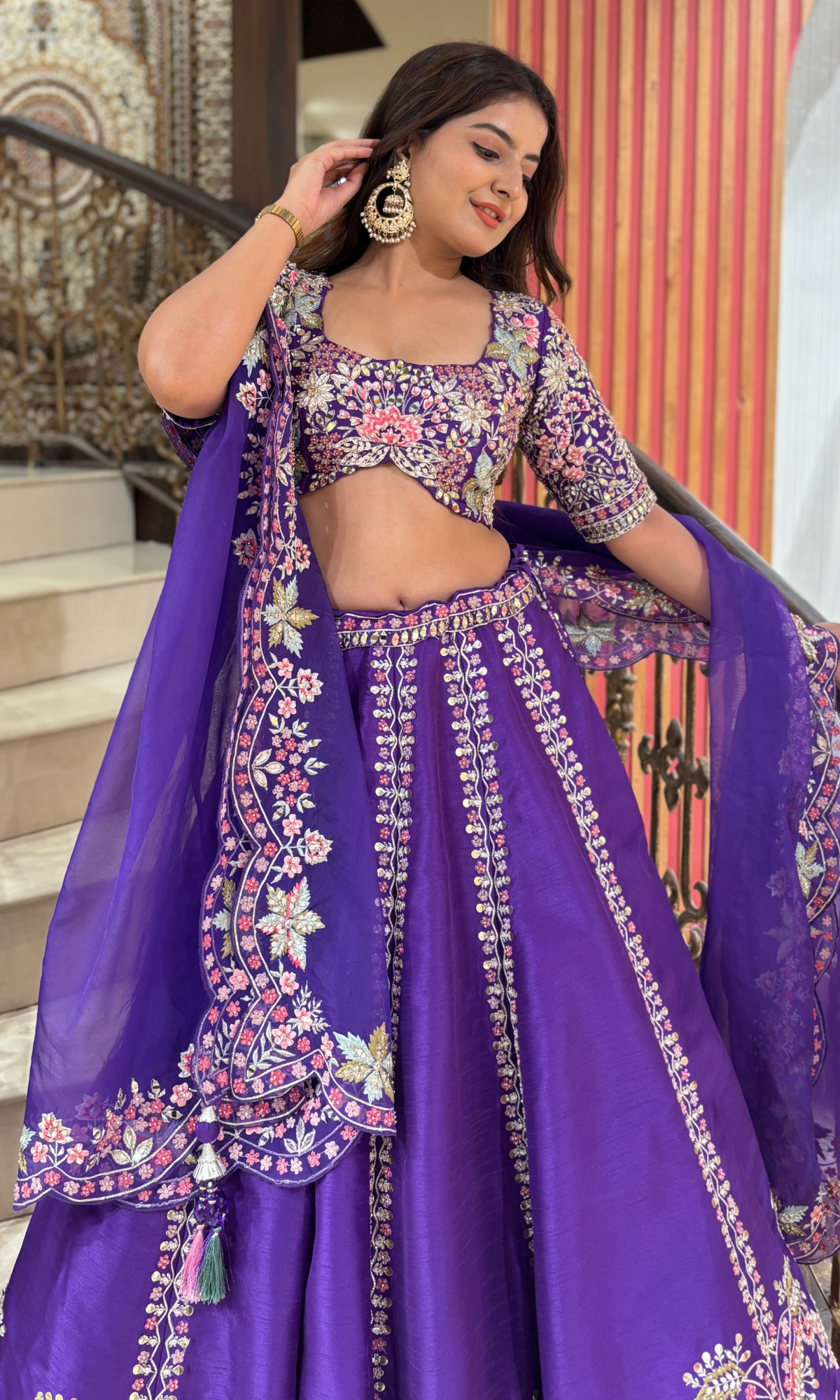 Purple Raw Silk Floral Embroidered Lehenga