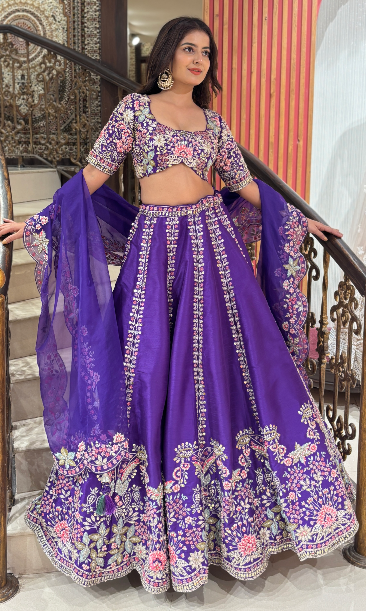 Purple Raw Silk Floral Embroidered Lehenga