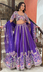 Purple Raw Silk Floral Embroidered Lehenga
