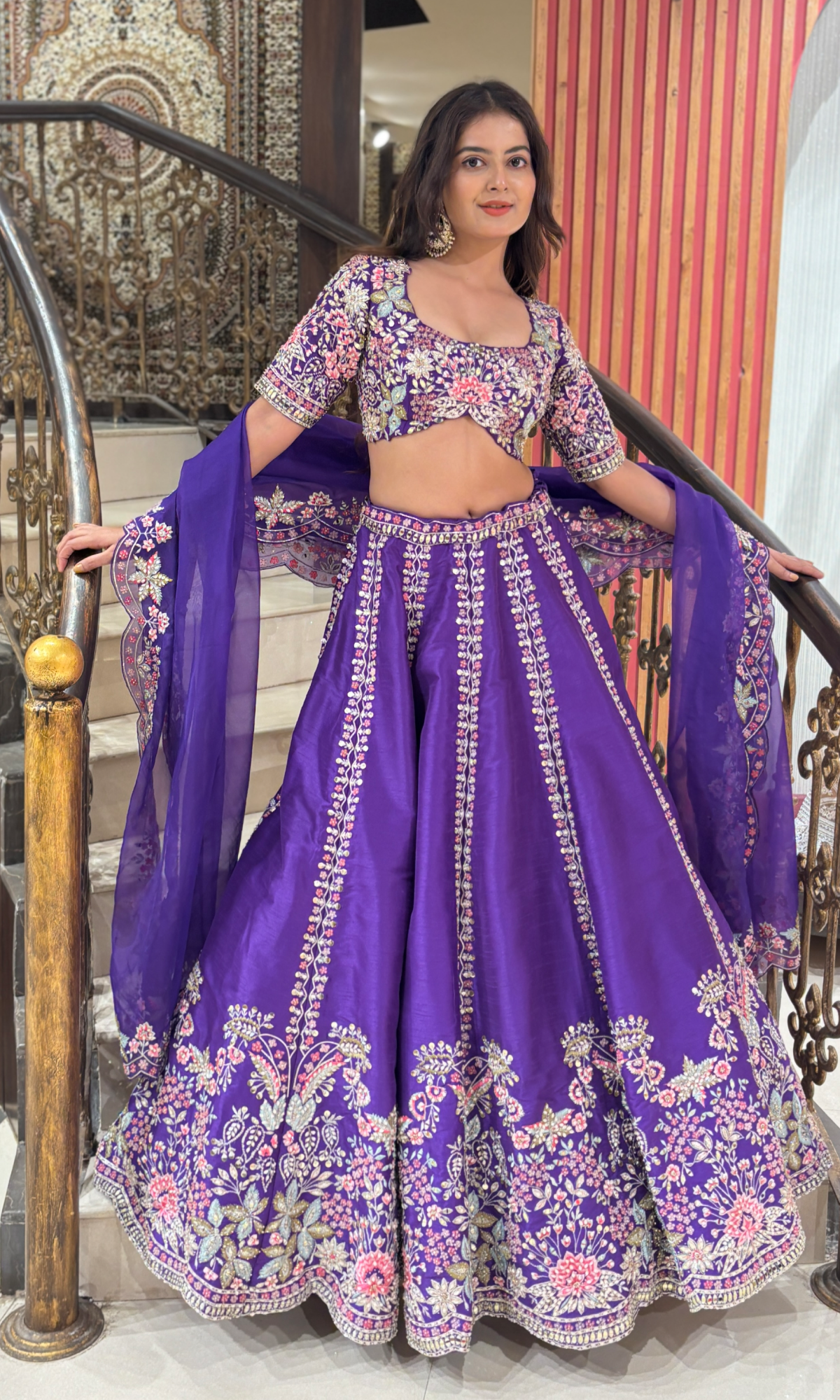Purple Raw Silk Floral Embroidered Lehenga