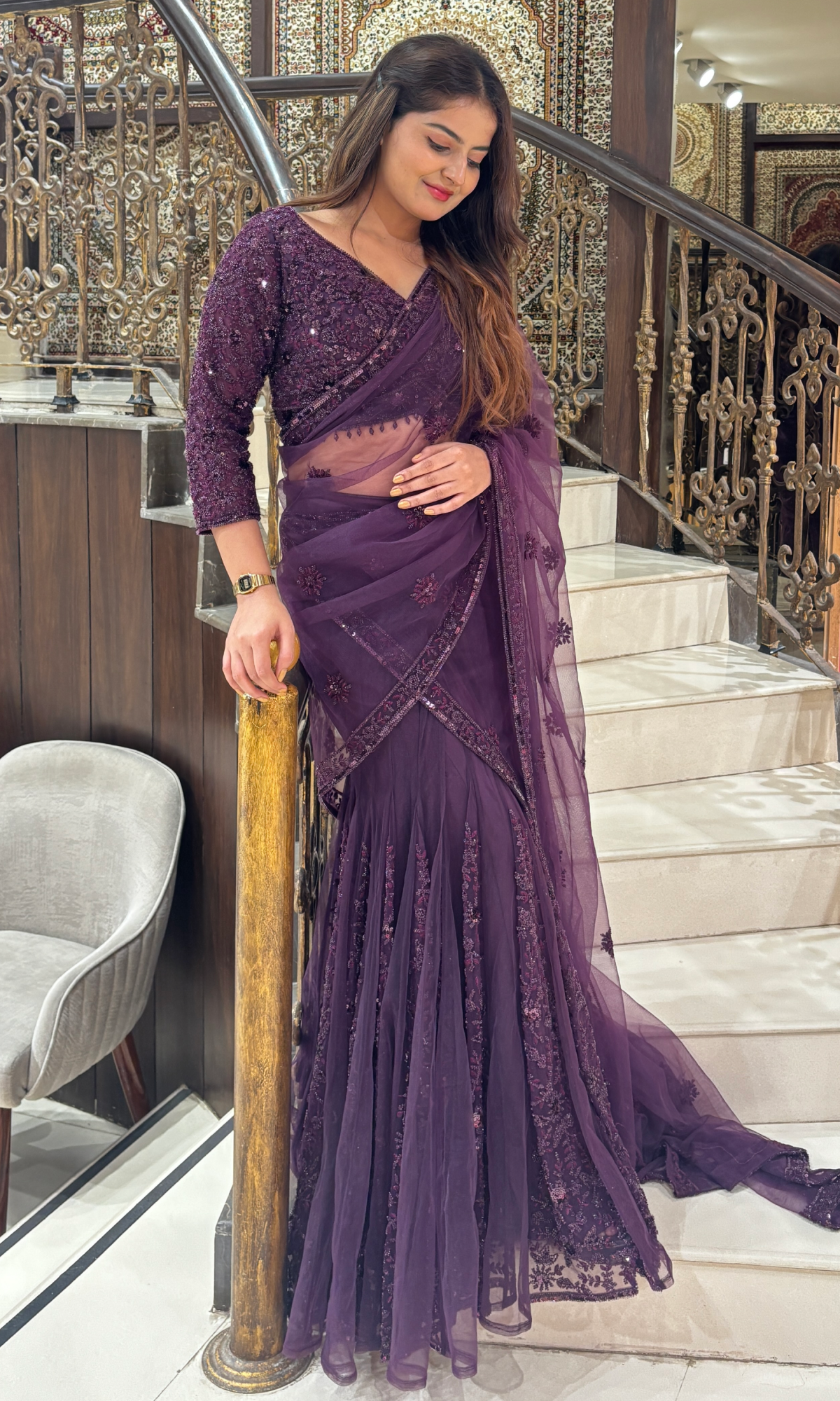 Purple Net Ethnic Motifs Saree With Stitched Blouse