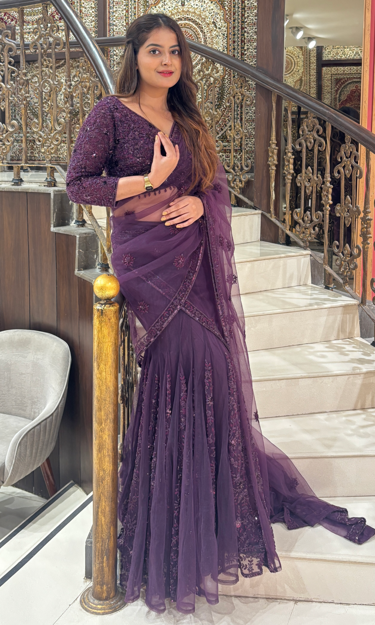 Purple Net Ethnic Motifs Saree With Stitched Blouse