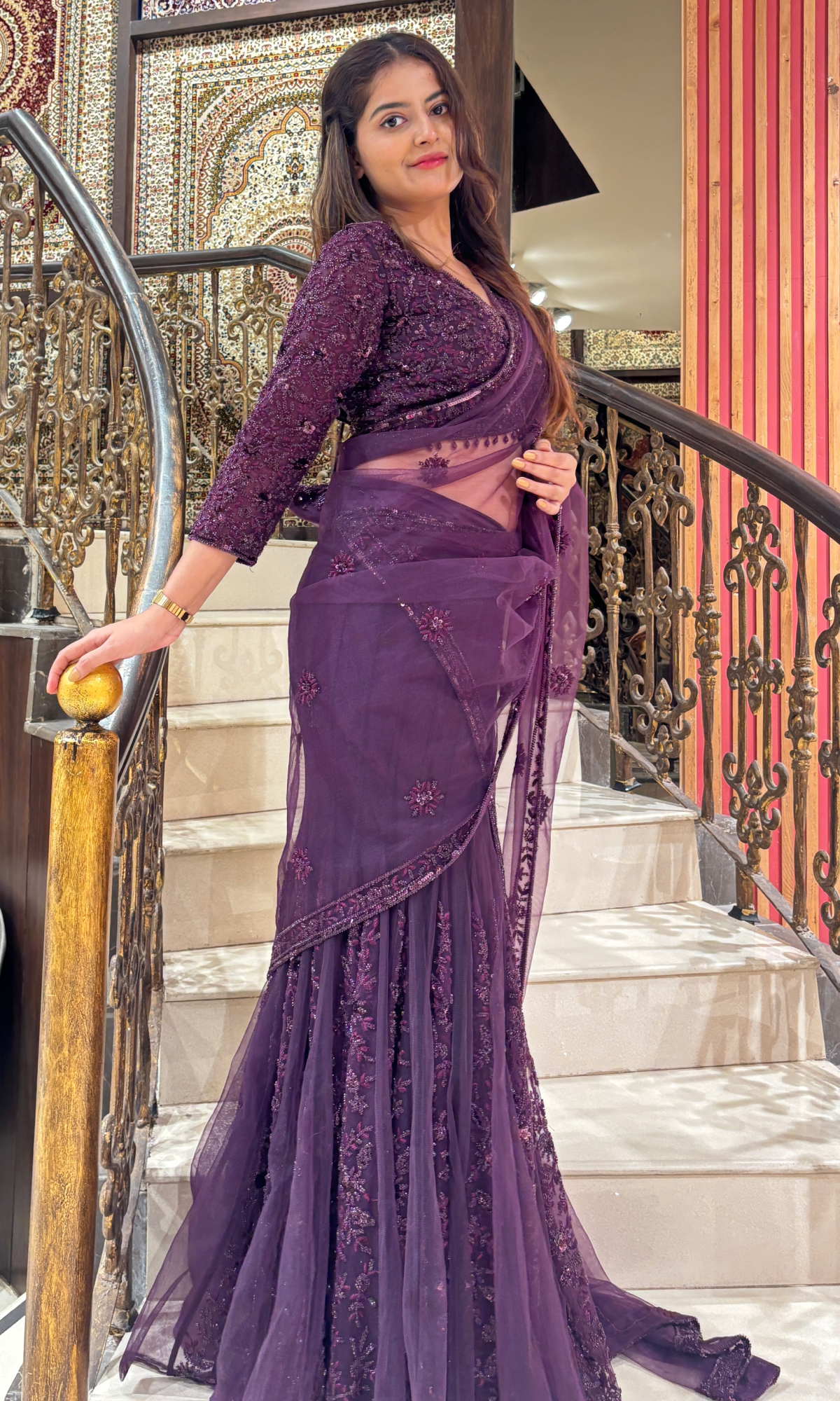 Purple Net Ethnic Motifs Saree With Stitched Blouse