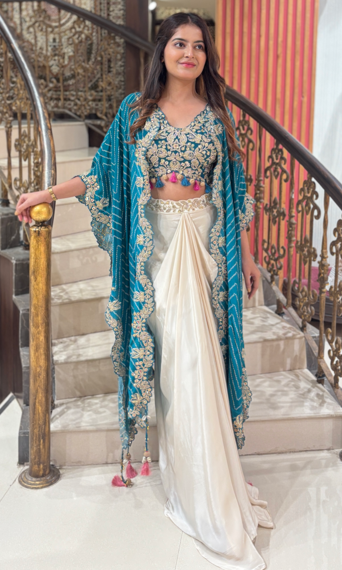White Satin Floral Embroidered Skirt Set