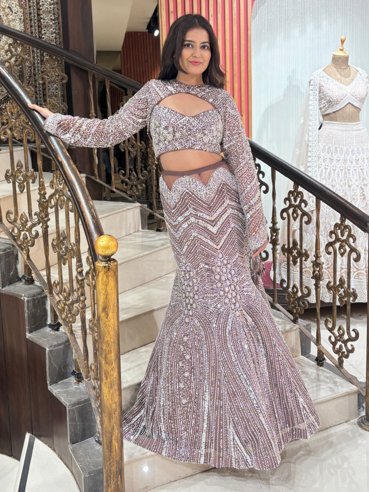 Mauve Semi Georgette Sequin Embroidered Mermaid Gown