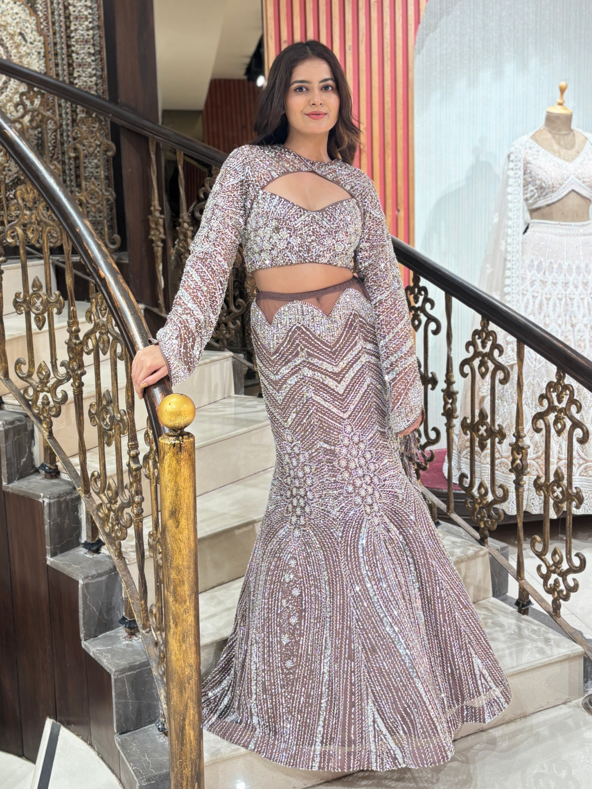 Mauve Semi Georgette Sequin Embroidered Mermaid Gown