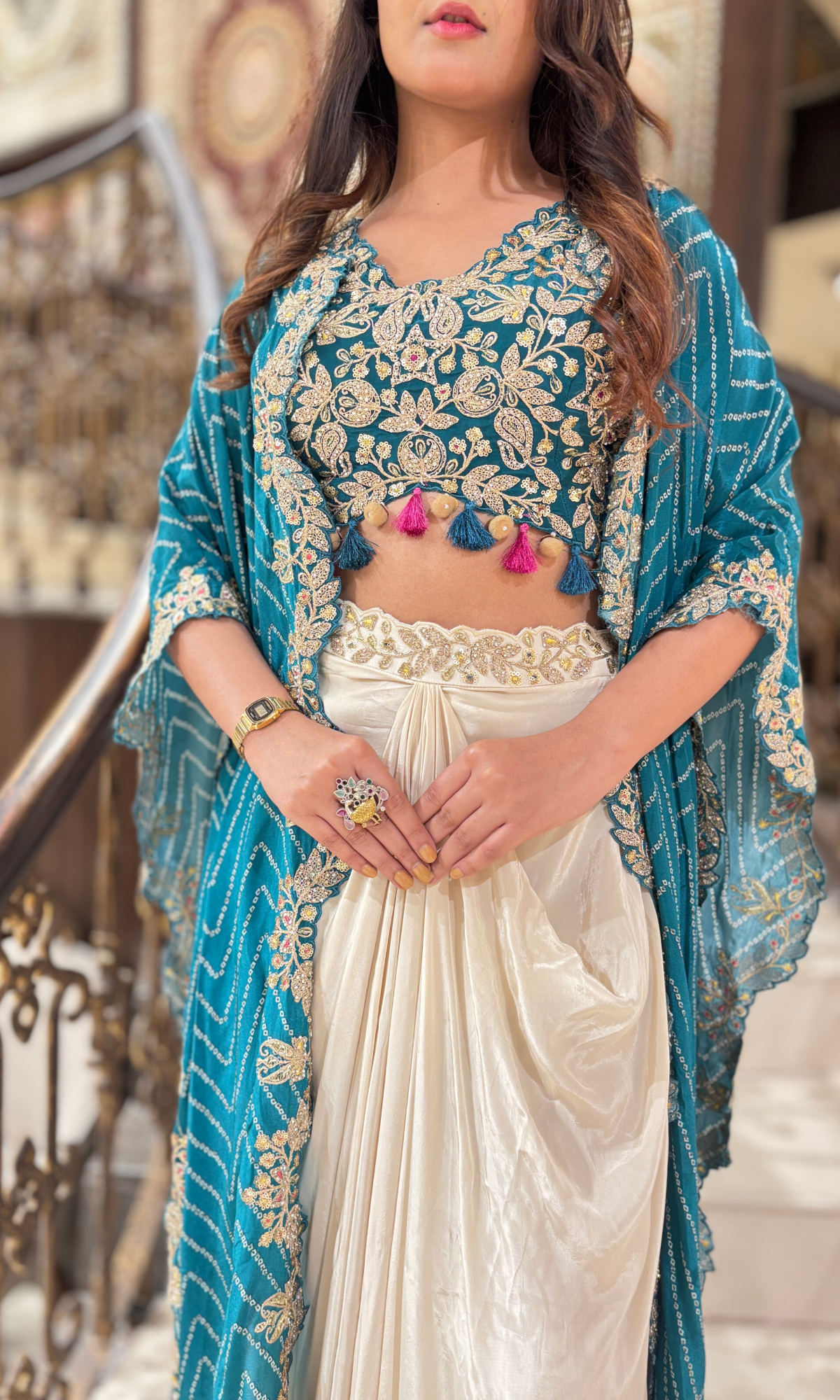 White Satin Floral Embroidered Skirt Set