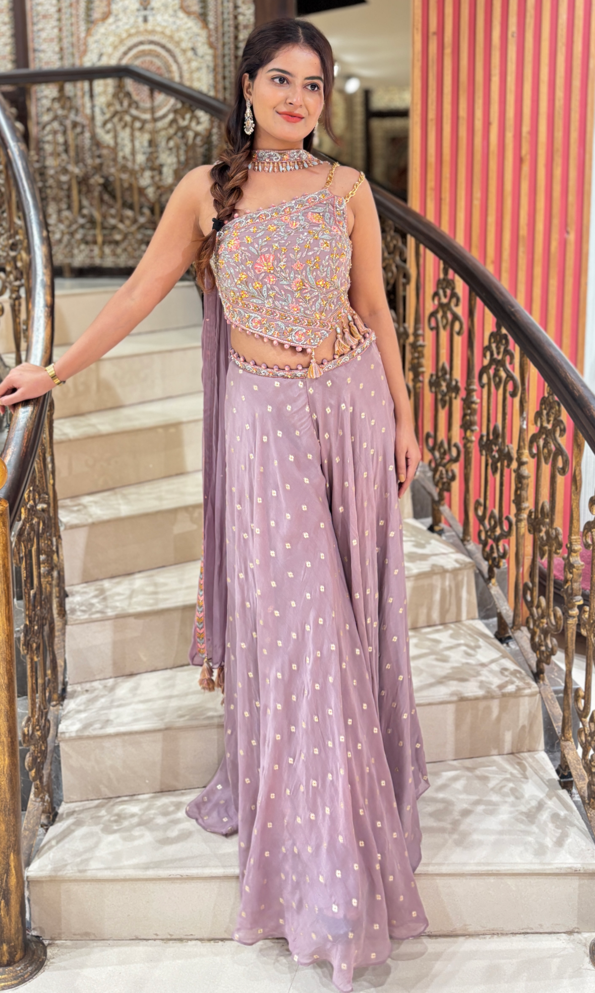 Lavender Semi Georgette Embroidered Top With Flarred Pant