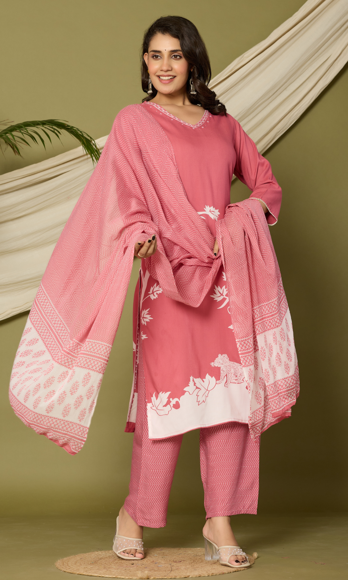 Pink Semi Cotton Floral Printed Salwar Suit