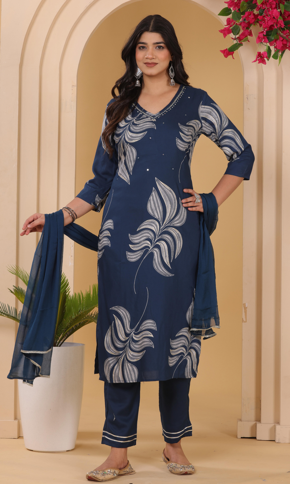 Navy Blue Semi Cotton Floral Printed Salwar Suit