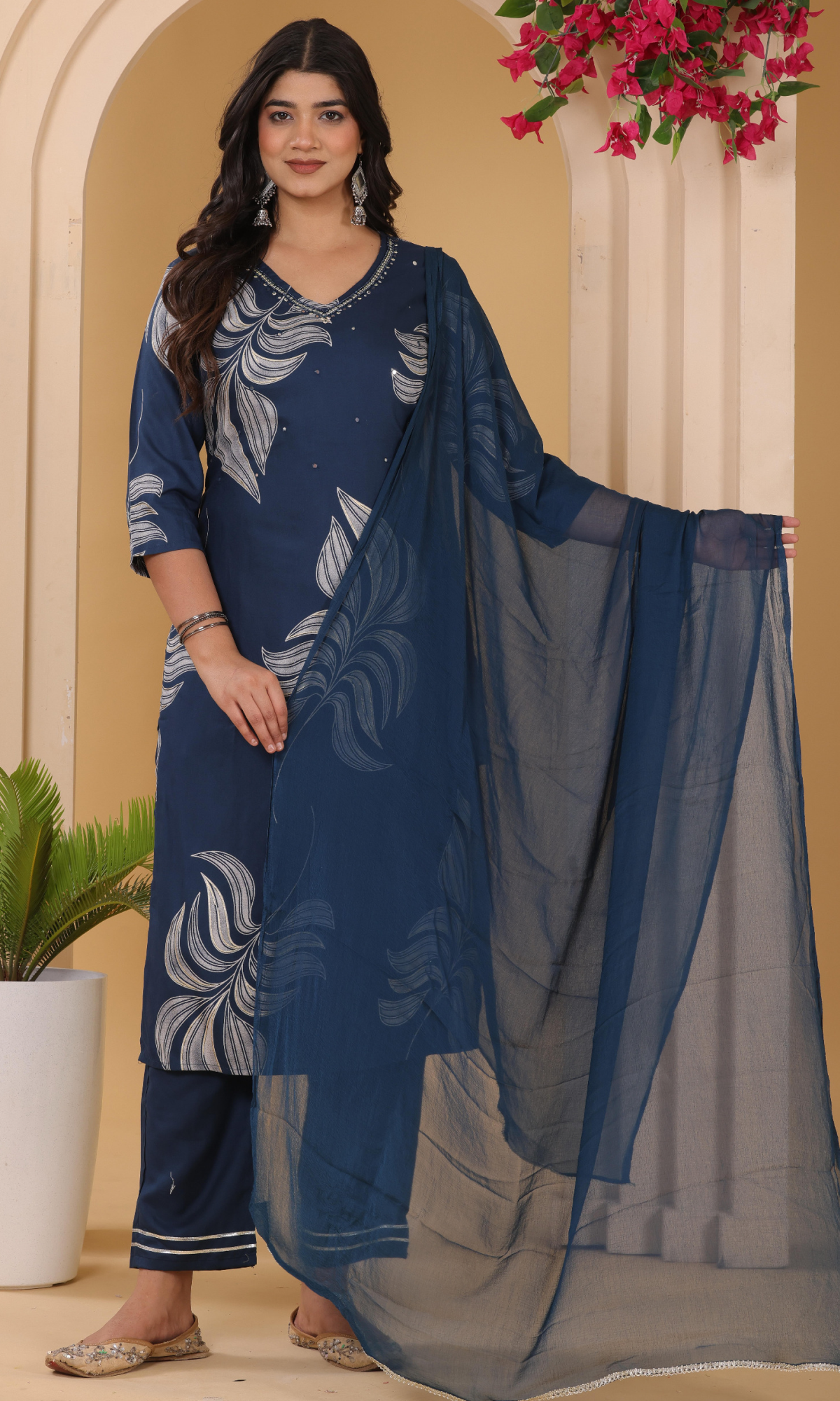 Navy Blue Semi Cotton Floral Printed Salwar Suit