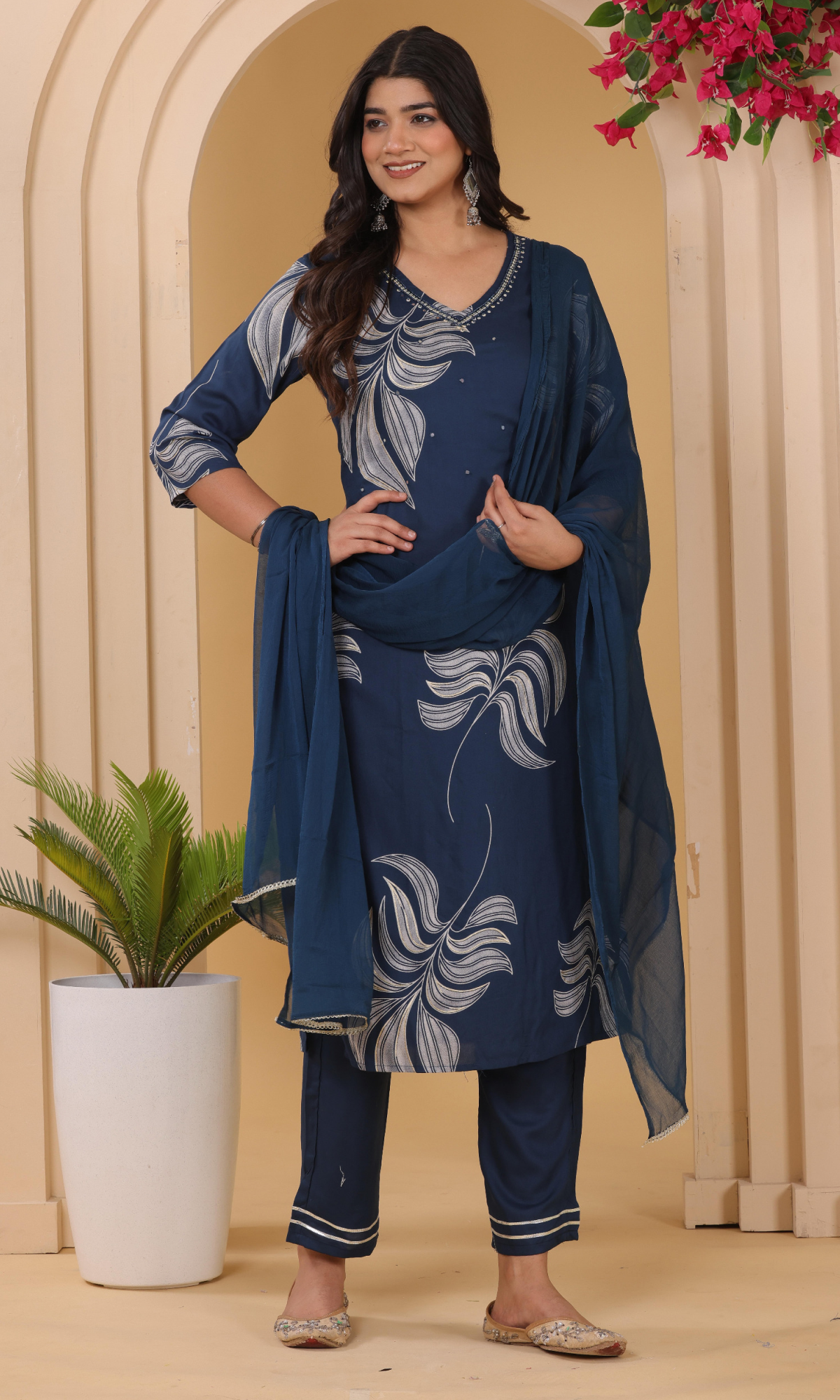 Navy Blue Semi Cotton Floral Printed Salwar Suit