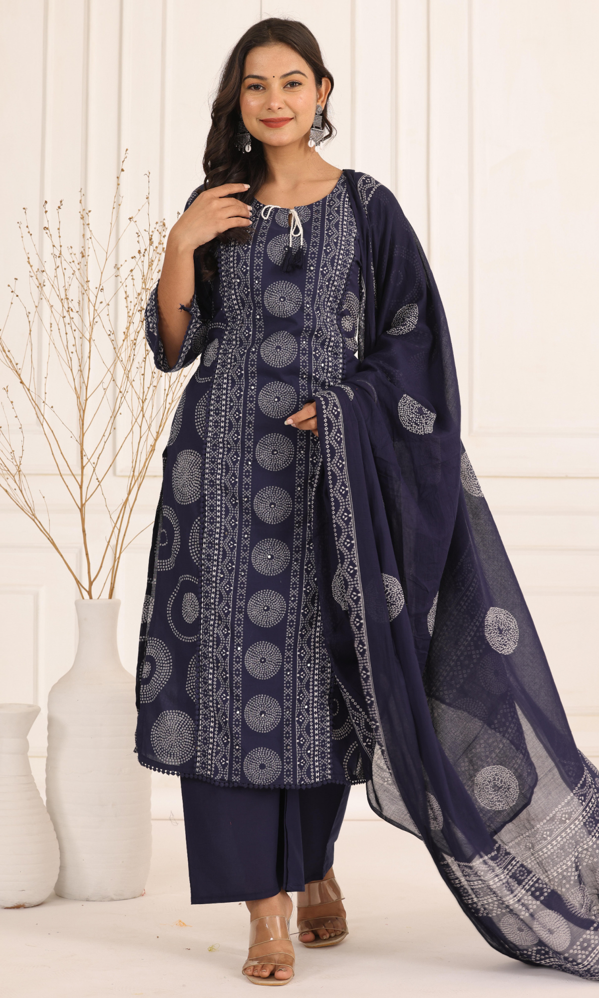 Navy Blue Semi Cotton Printed Salwar Suit