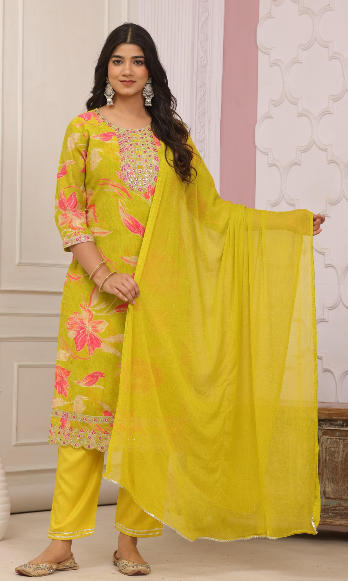 Green Semi Cotton Floral Printed Salwar Suit