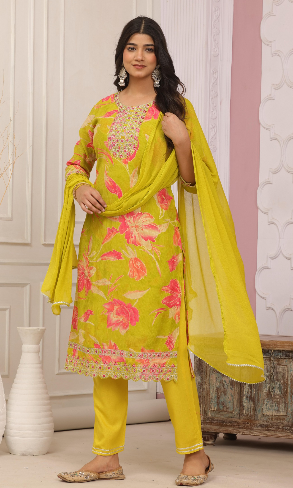 Green Semi Cotton Floral Printed Salwar Suit
