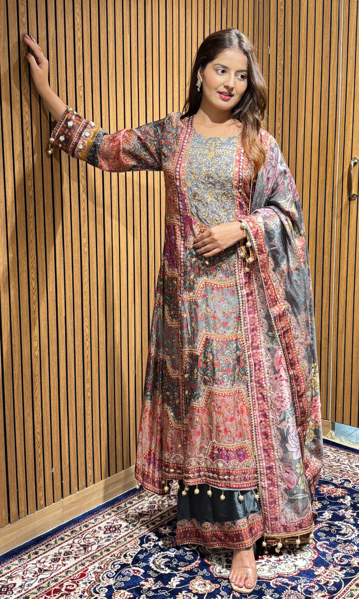 Grey Satin Floral Embroidered Palazzo Set