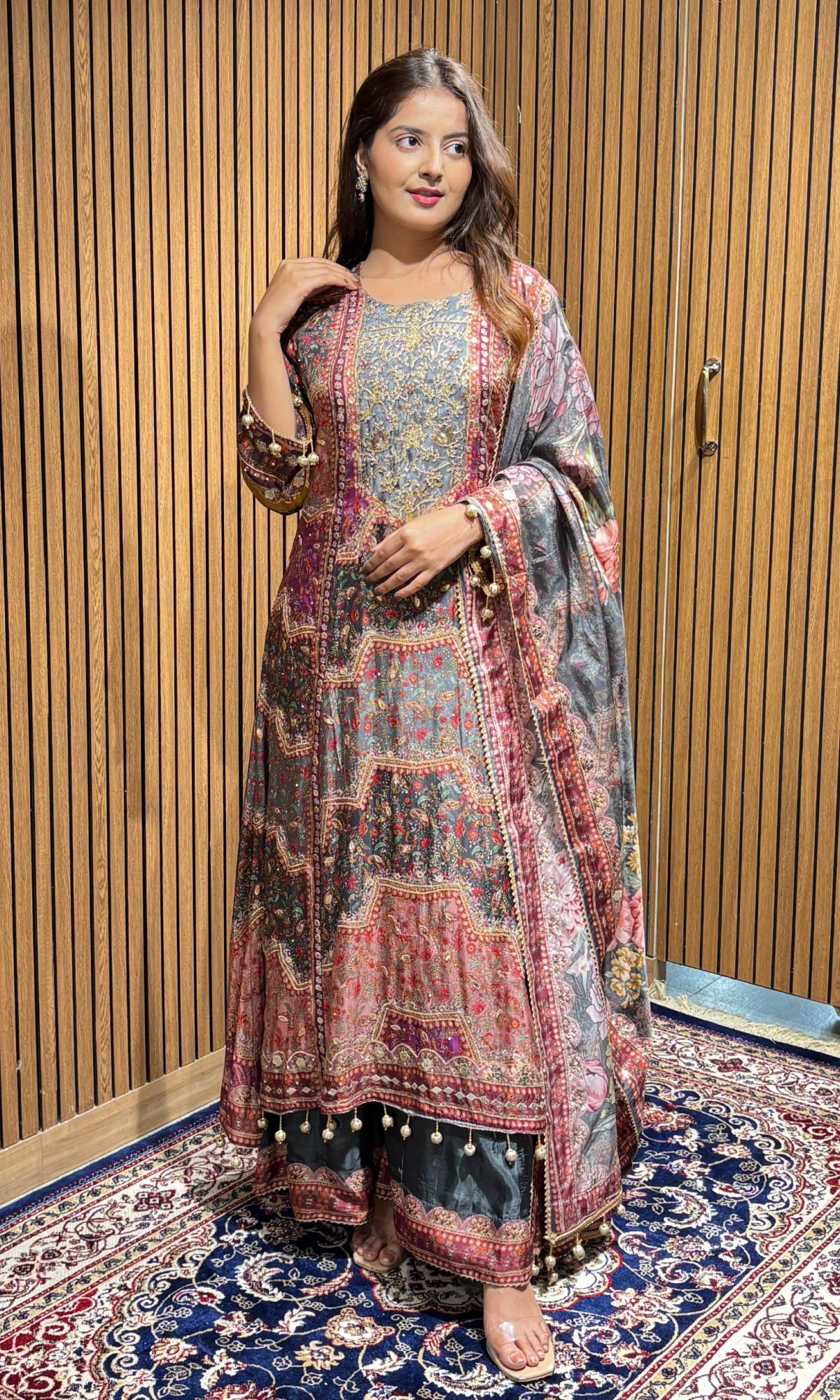 Grey Satin Floral Embroidered Palazzo Set