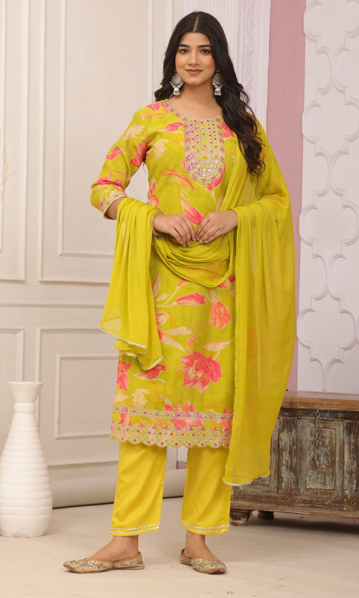 Green Semi Cotton Floral Printed Salwar Suit
