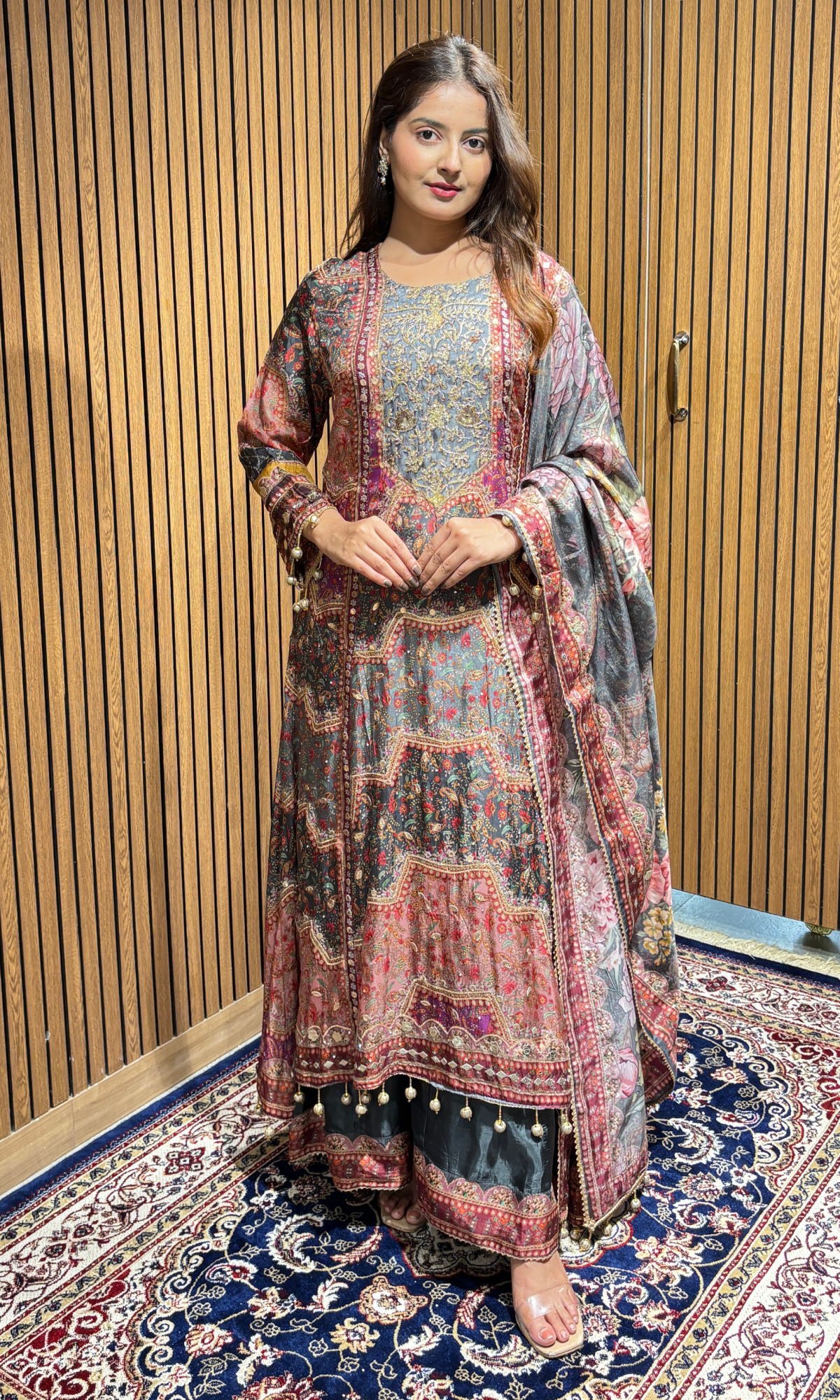 Grey Satin Floral Embroidered Palazzo Set