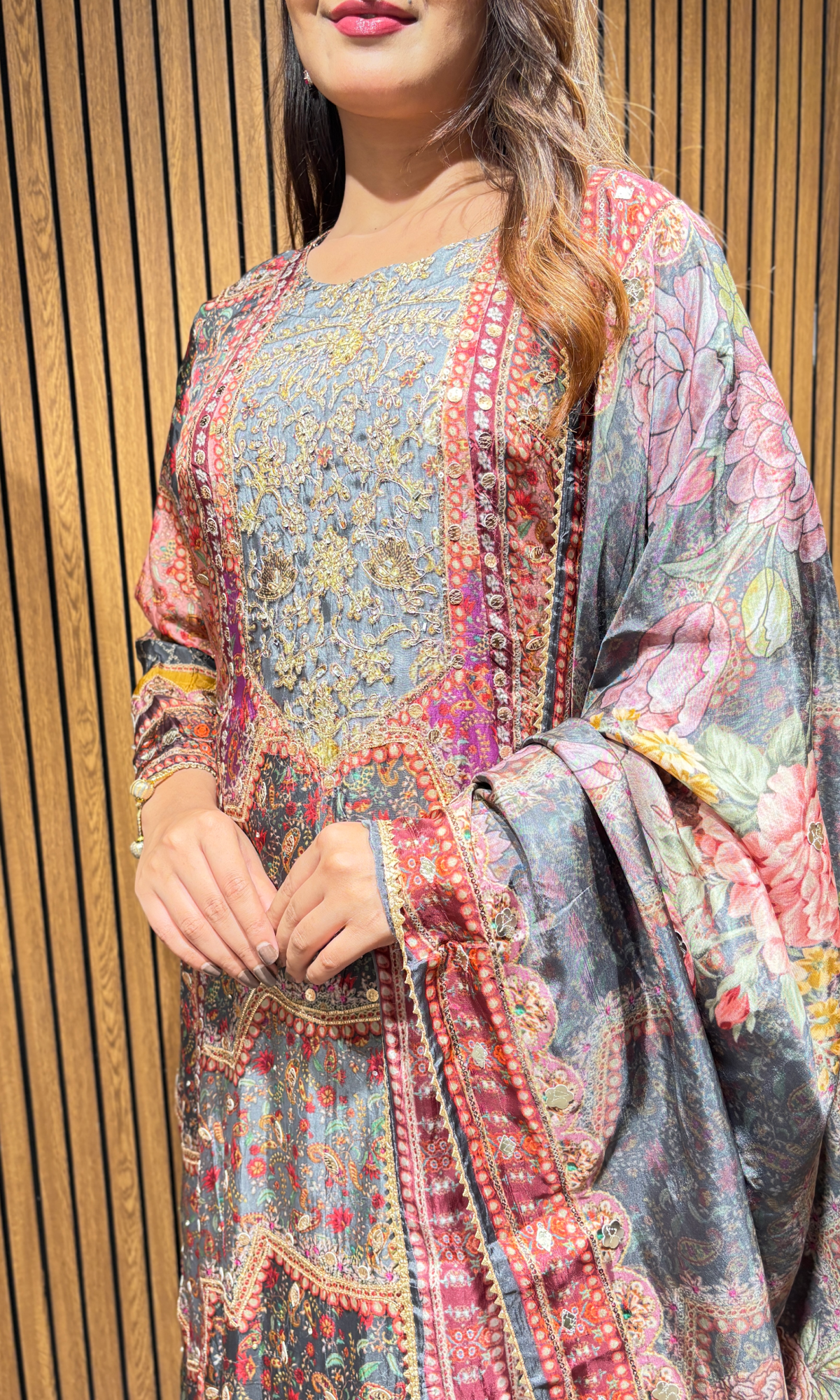 Grey Satin Floral Embroidered Palazzo Set