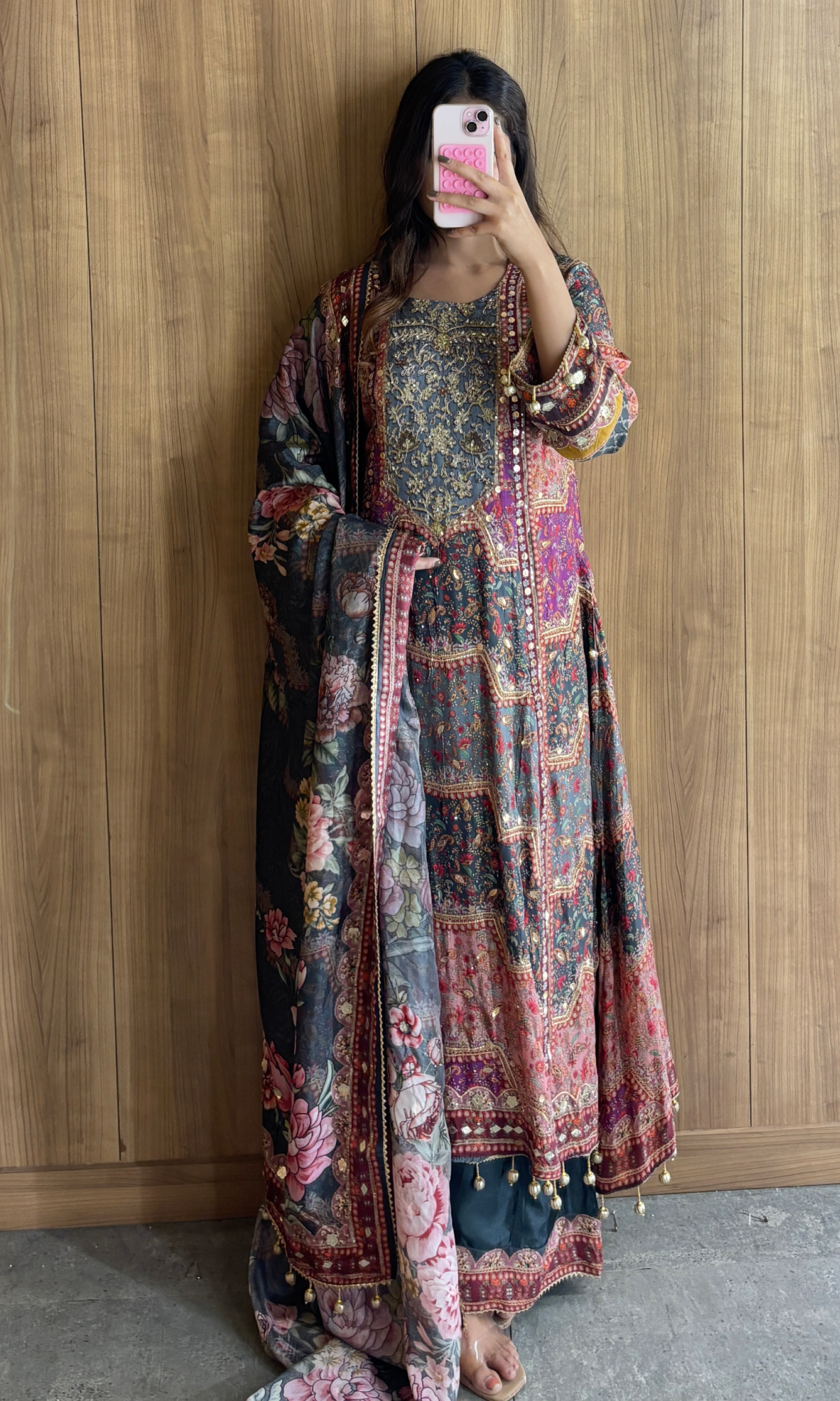 Grey Satin Floral Embroidered Palazzo Set
