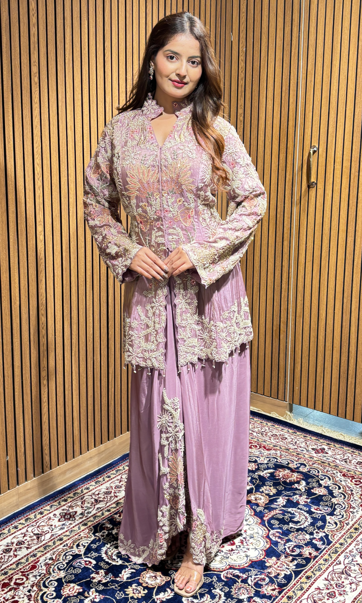Lavender Semi Crepe Floral Embroidered Jacket Style Set
