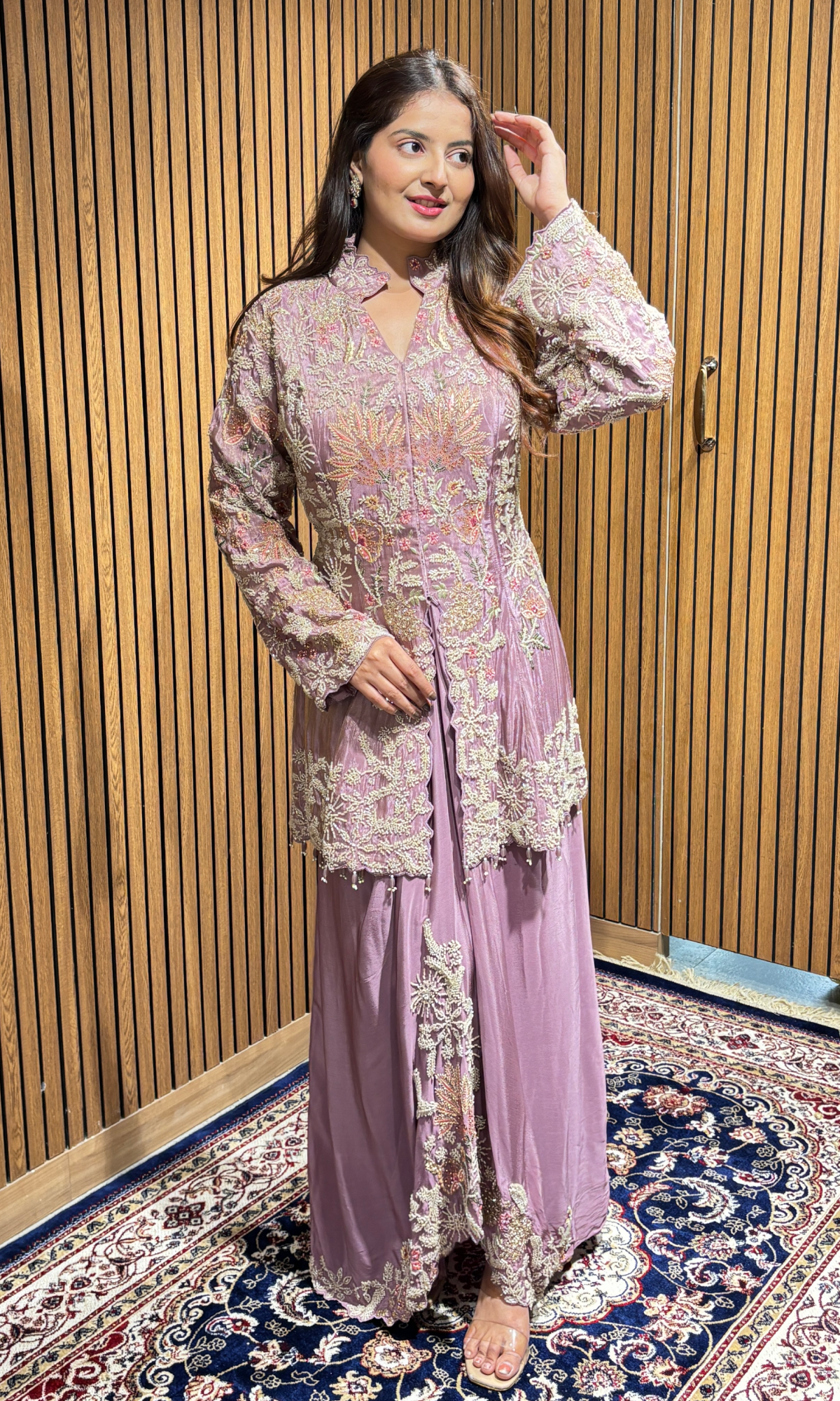 Lavender Semi Crepe Floral Embroidered Jacket Style Set
