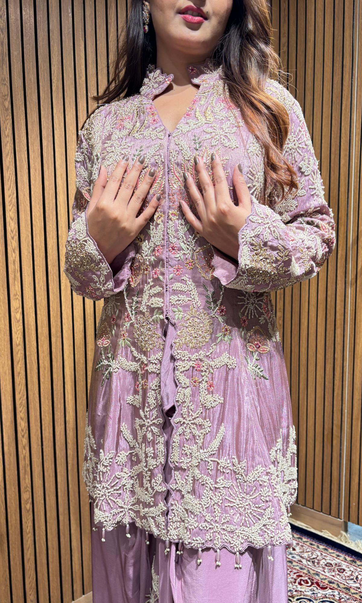 Lavender Semi Crepe Floral Embroidered Jacket Style Set
