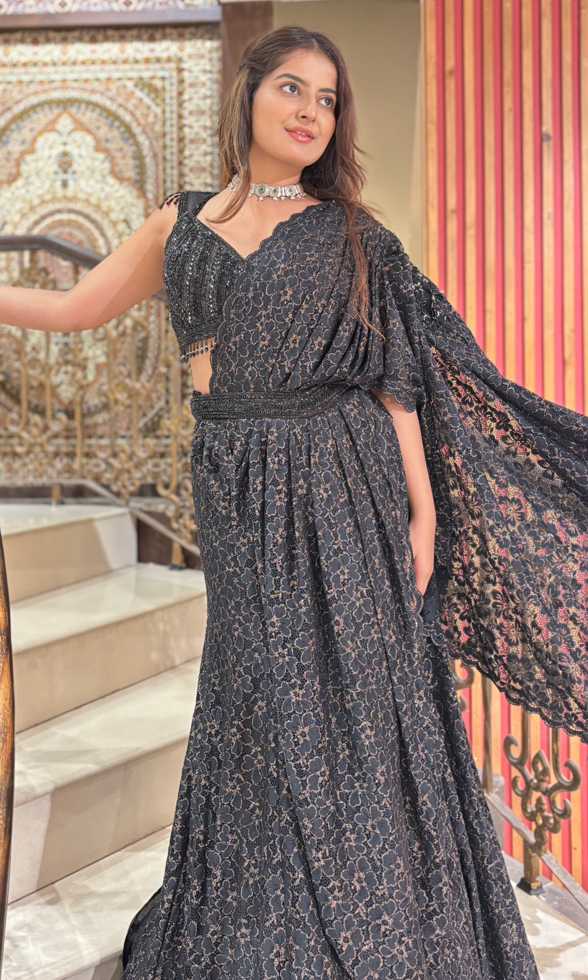 Black Floral Guipure Lace Flared Gown
